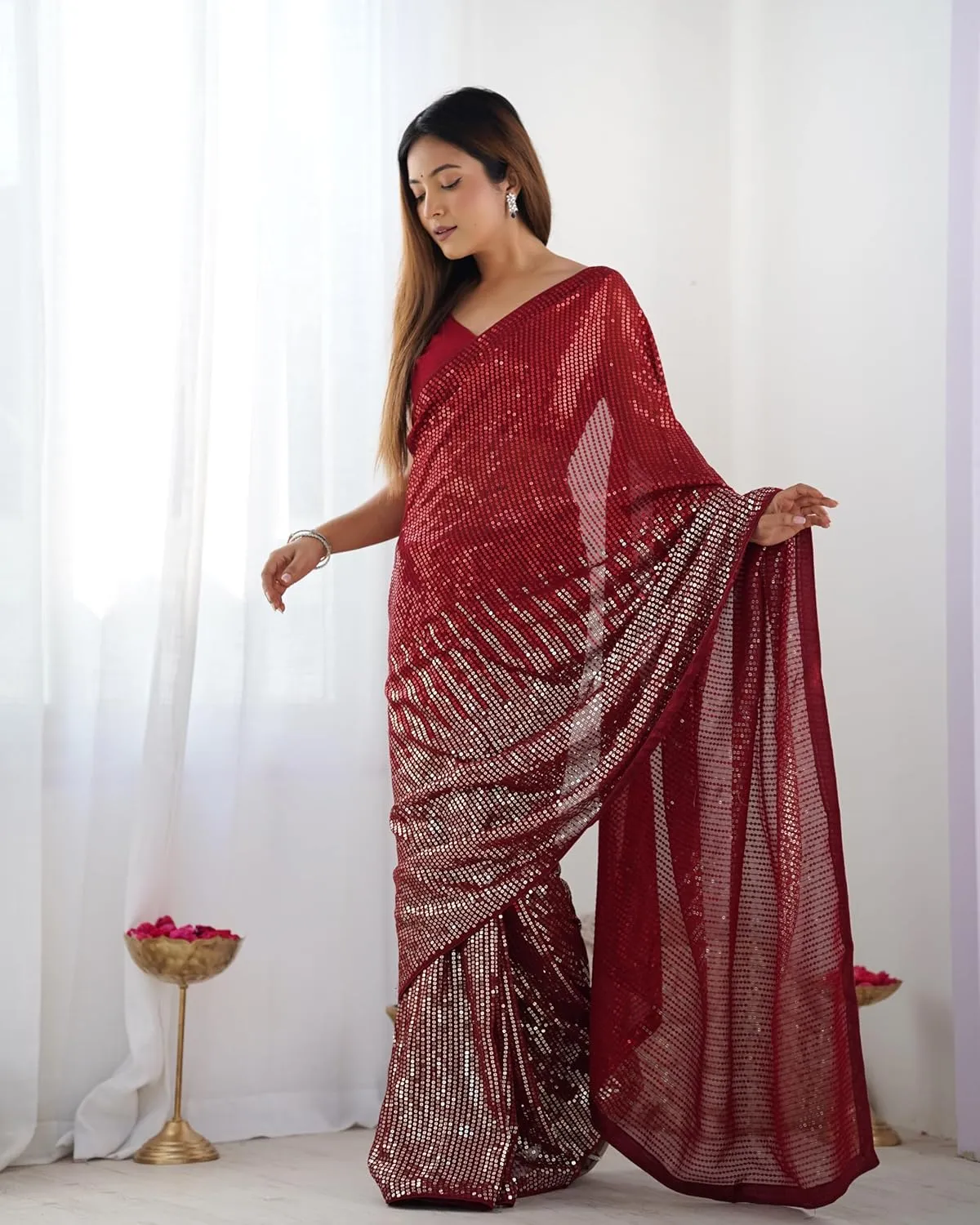 Celebrity-Inspired Beautiful Sequins Saree Georgette Fabric Embroidery partywear saree
