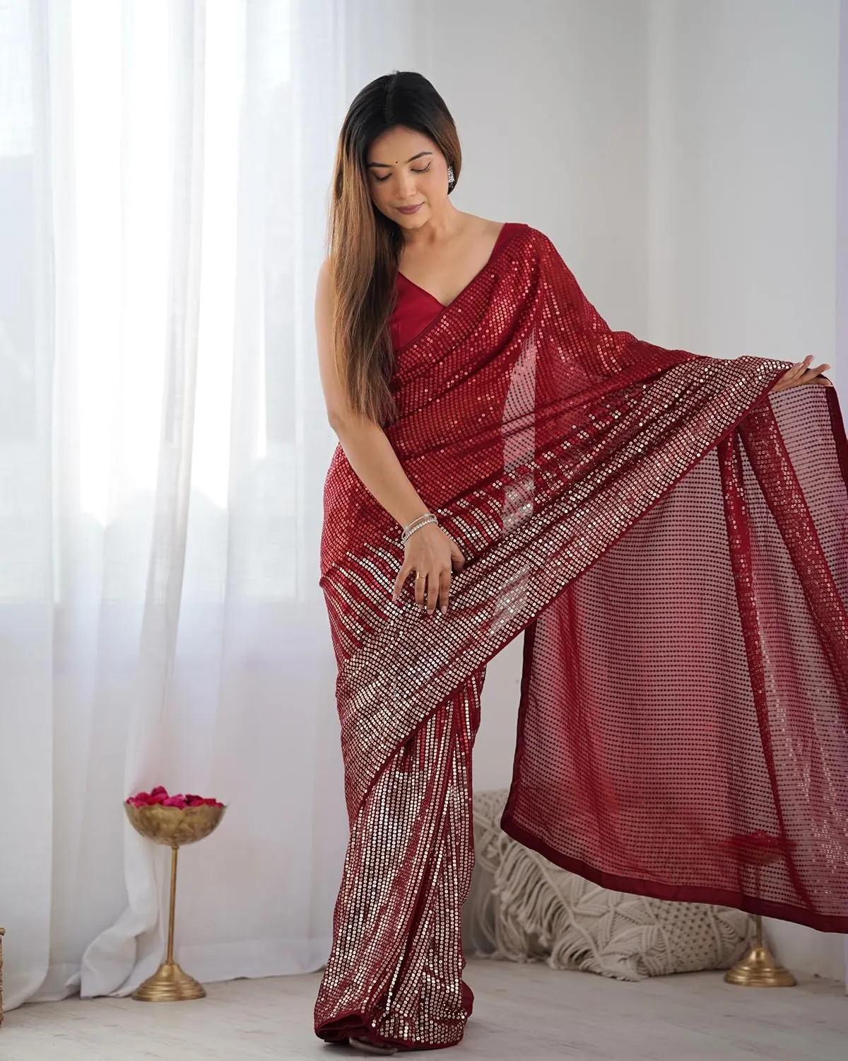 Celebrity-Inspired Beautiful Sequins Saree Georgette Fabric Embroidery partywear saree
