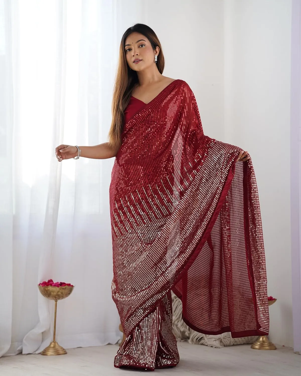 Celebrity-Inspired Beautiful Sequins Saree Georgette Fabric Embroidery partywear saree