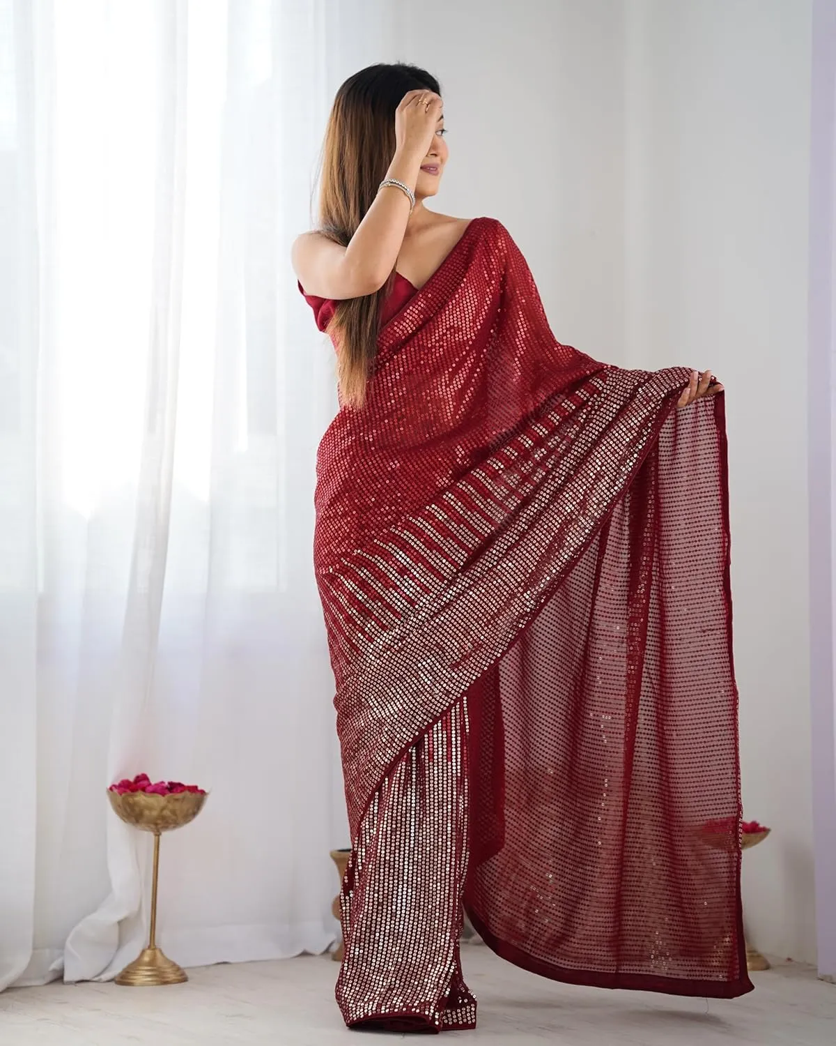 Celebrity-Inspired Beautiful Sequins Saree Georgette Fabric Embroidery partywear saree