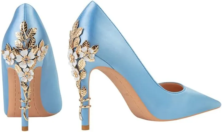 ChaiRong Zhou Women's Sexy High Heels Fashion Metal Flower Stiletto Heel Wedding Shoes Satin Pointed Toe Dress Evening Pumps