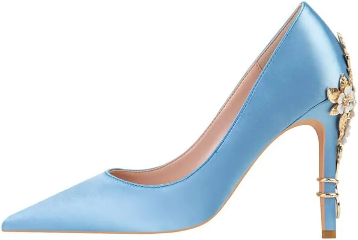 ChaiRong Zhou Women's Sexy High Heels Fashion Metal Flower Stiletto Heel Wedding Shoes Satin Pointed Toe Dress Evening Pumps