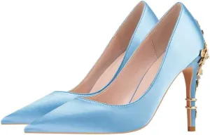 ChaiRong Zhou Women's Sexy High Heels Fashion Metal Flower Stiletto Heel Wedding Shoes Satin Pointed Toe Dress Evening Pumps