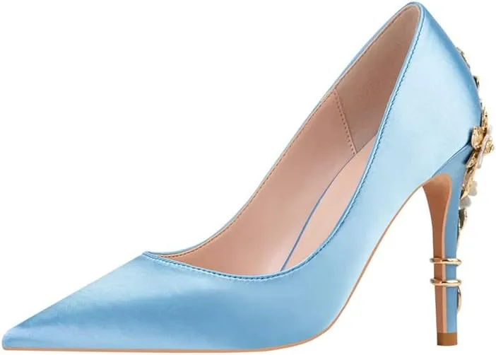 ChaiRong Zhou Women's Sexy High Heels Fashion Metal Flower Stiletto Heel Wedding Shoes Satin Pointed Toe Dress Evening Pumps