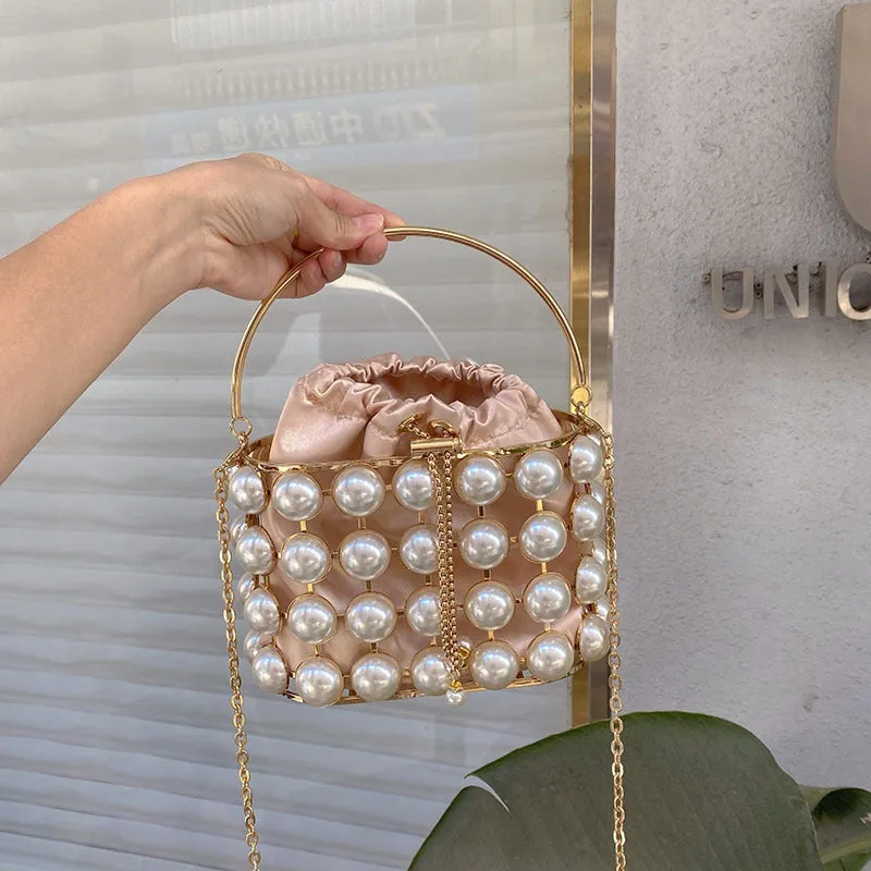 Champagne Elegant Velvet Wedding Party Evening Chain Clutch Bag with White Pearls
