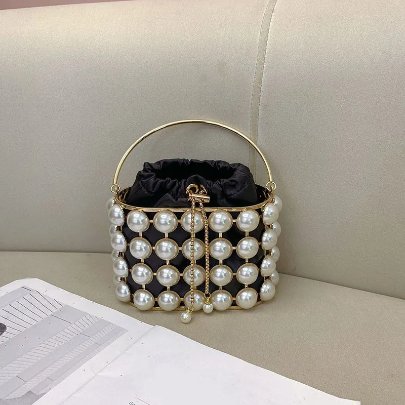 Champagne Elegant Velvet Wedding Party Evening Chain Clutch Bag with White Pearls