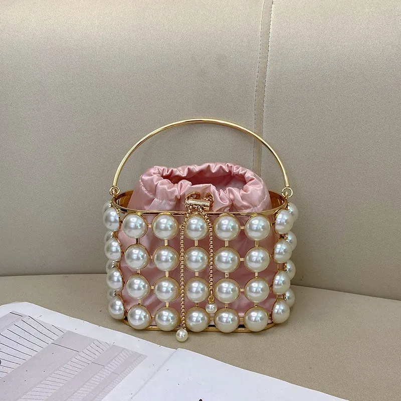 Champagne Elegant Velvet Wedding Party Evening Chain Clutch Bag with White Pearls