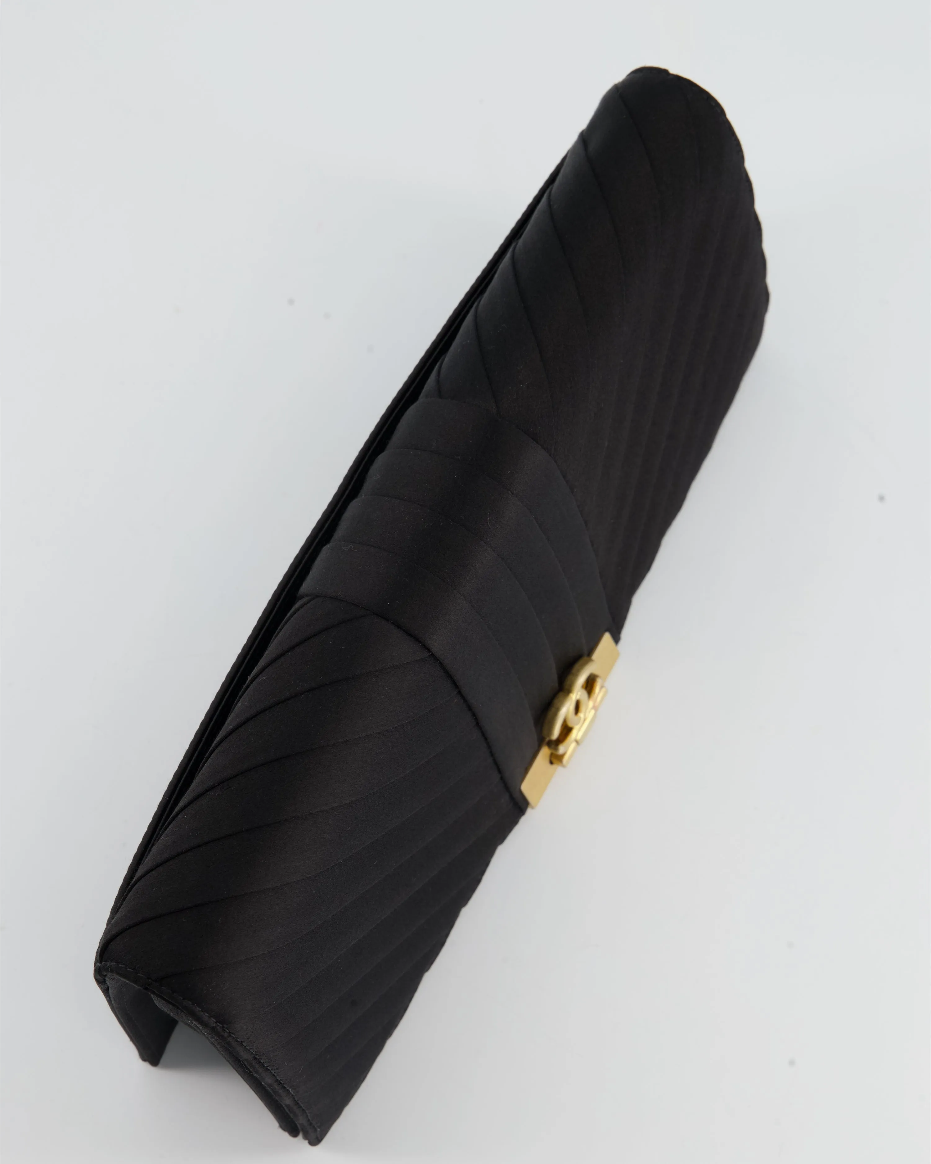 Chanel Black Satin Long-Line Clutch Bag with Brushed Gold Hardware and CC Detail