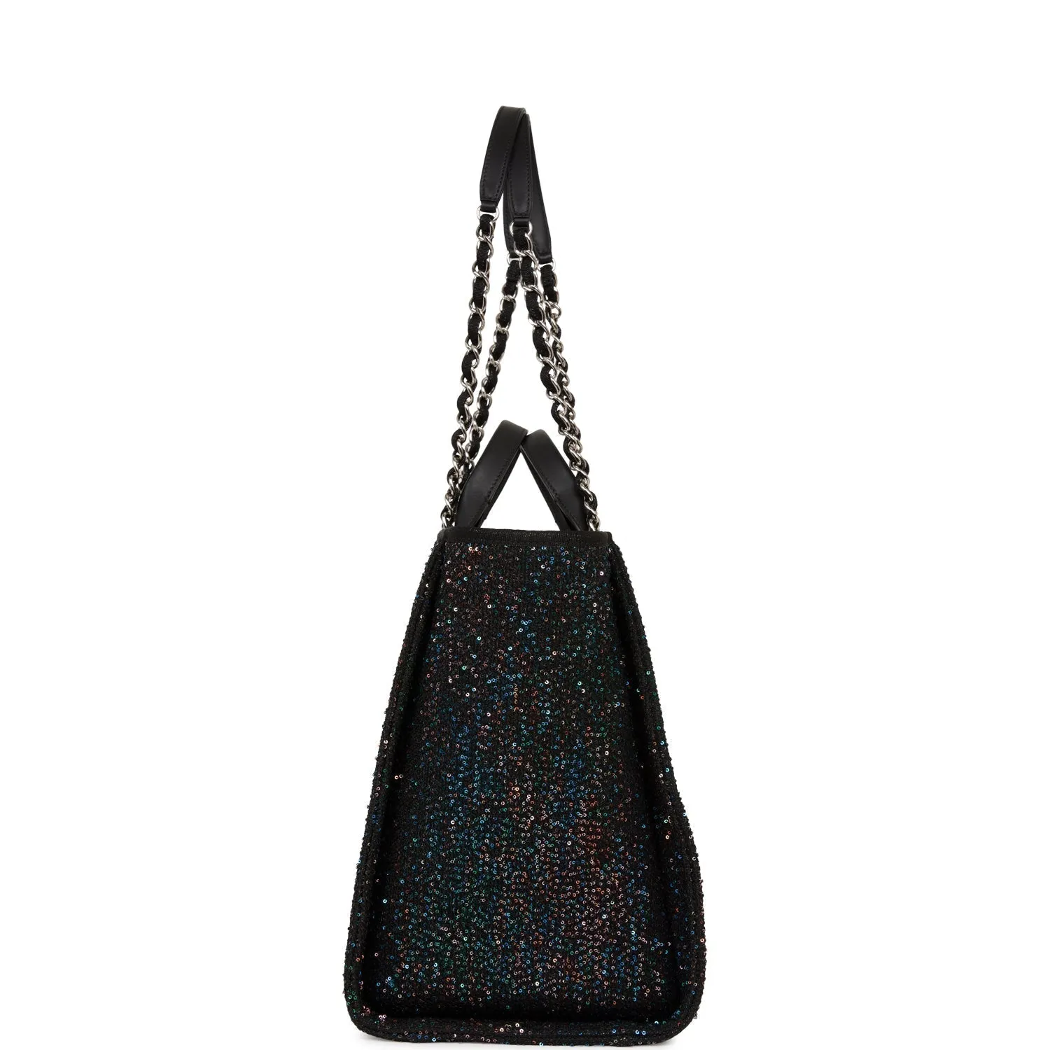 Chanel Large Deauville Shopping Bag Black Sequin Boucle Silver Hardware
