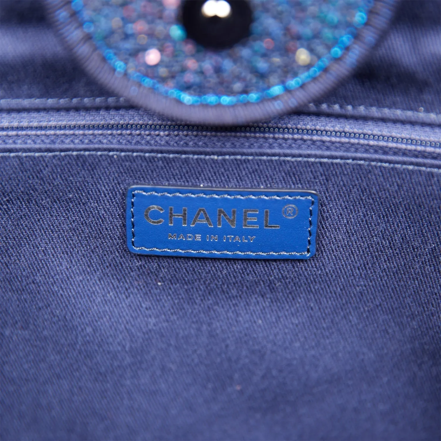 Chanel Large Deauville Shopping Bag Blue Sequin Boucle Silver Hardware