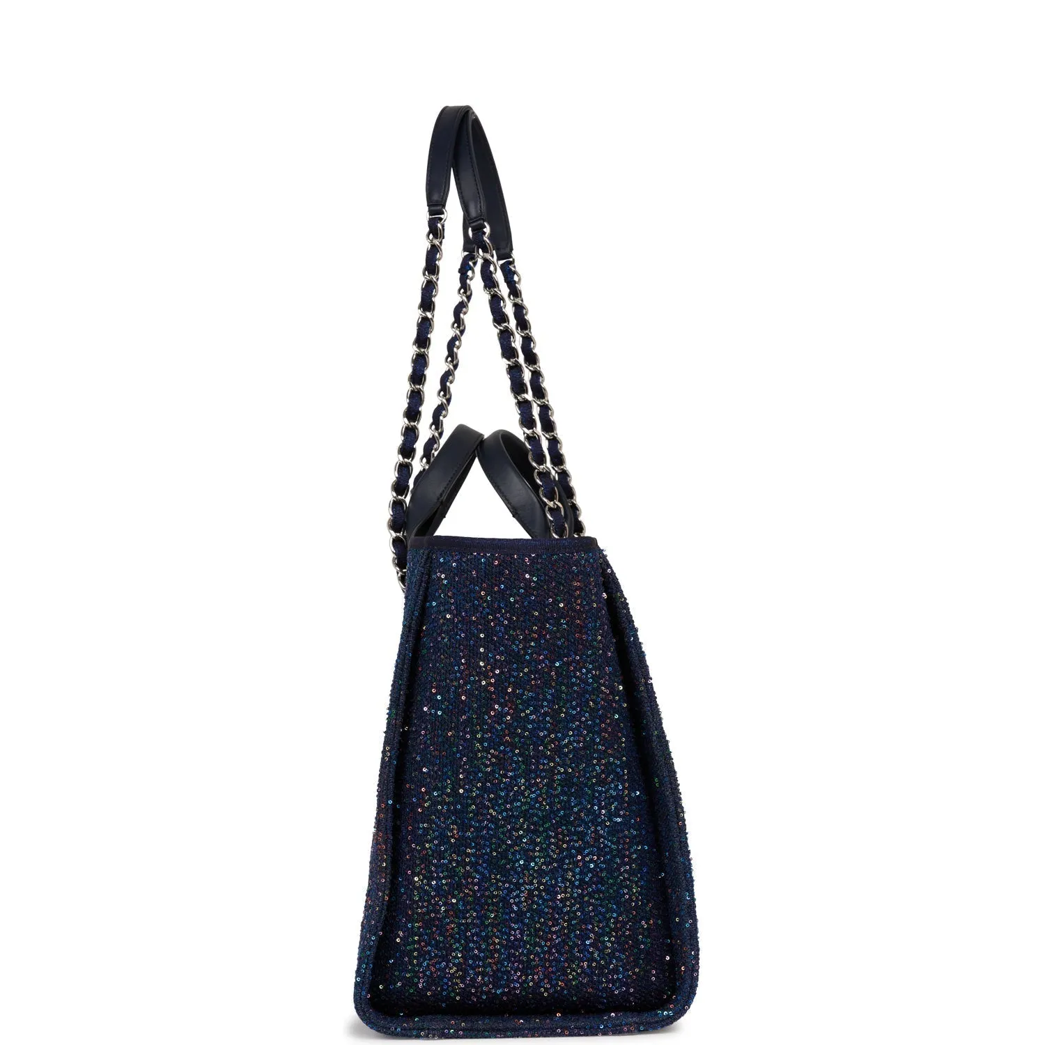Chanel Large Deauville Shopping Bag Blue Sequin Boucle Silver Hardware