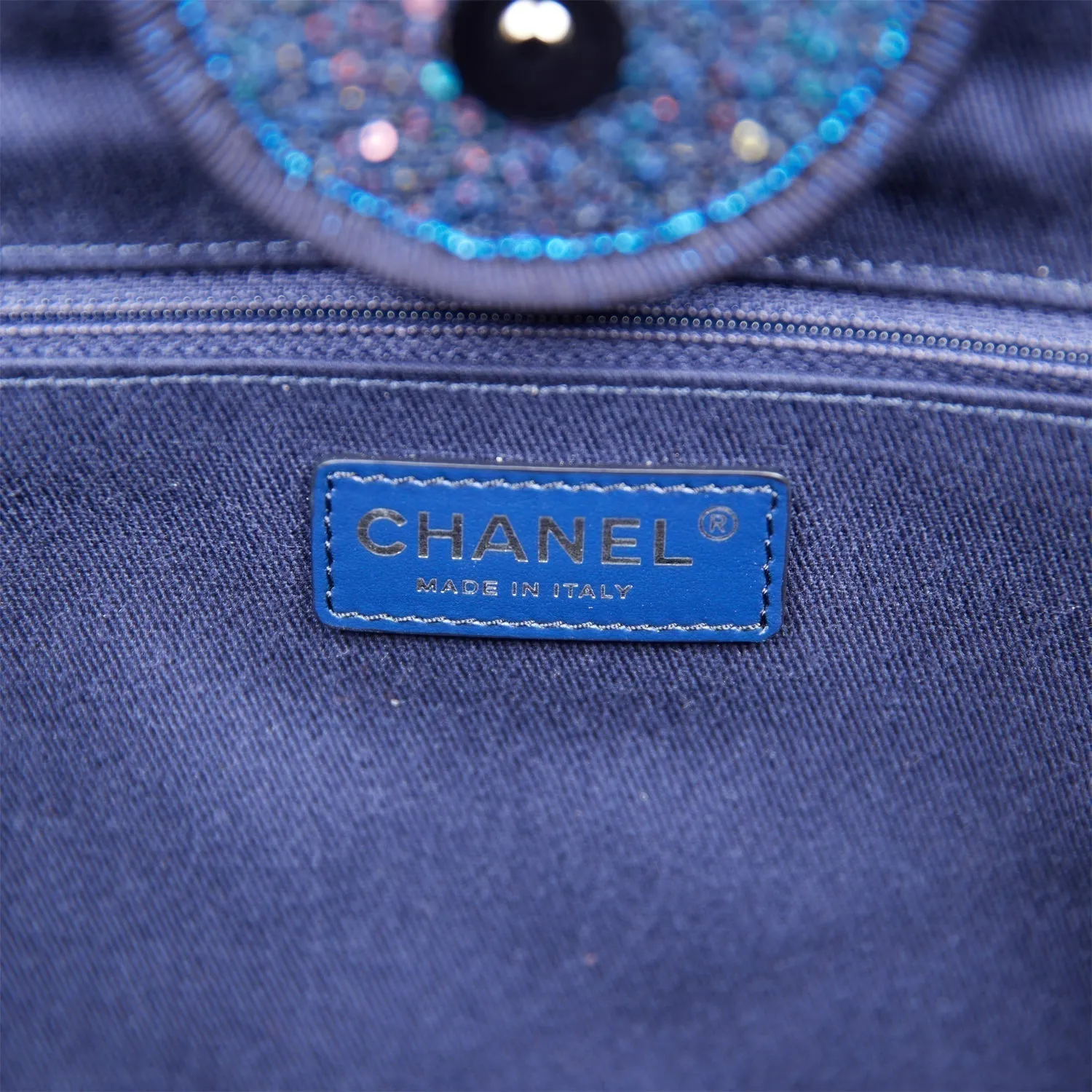 Chanel Large Deauville Shopping Bag Blue Sequin Boucle Silver Hardware