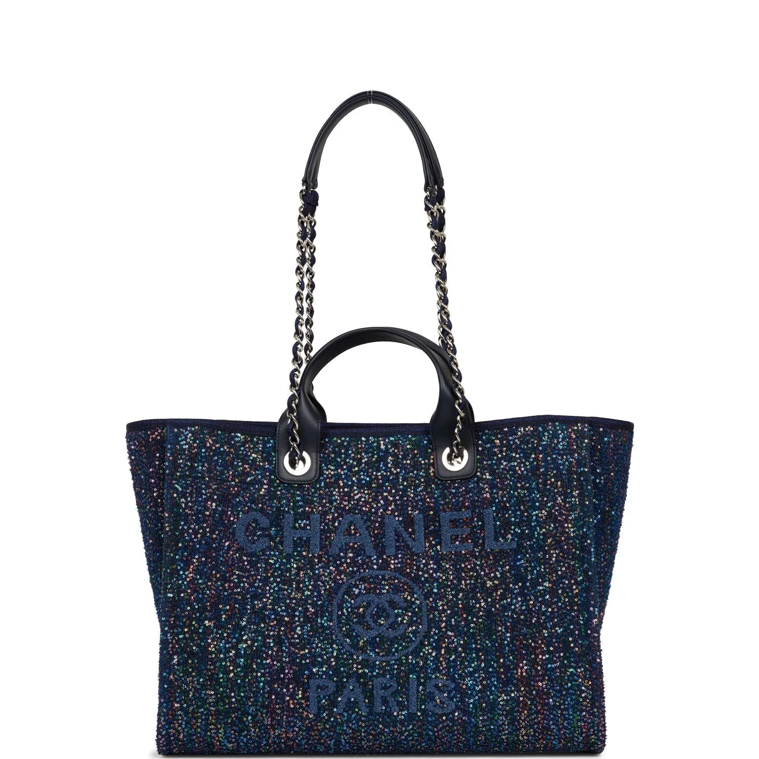 Chanel Large Deauville Shopping Bag Blue Sequin Boucle Silver Hardware
