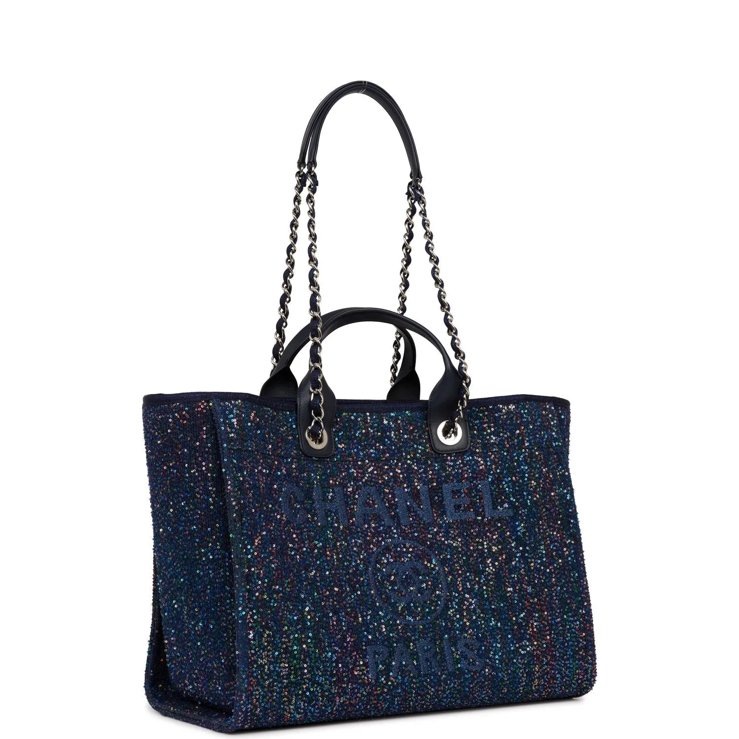 Chanel Large Deauville Shopping Bag Blue Sequin Boucle Silver Hardware