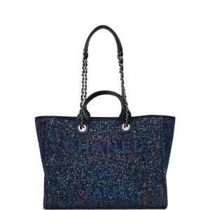 Chanel Large Deauville Shopping Bag Blue Sequin Boucle Silver Hardware