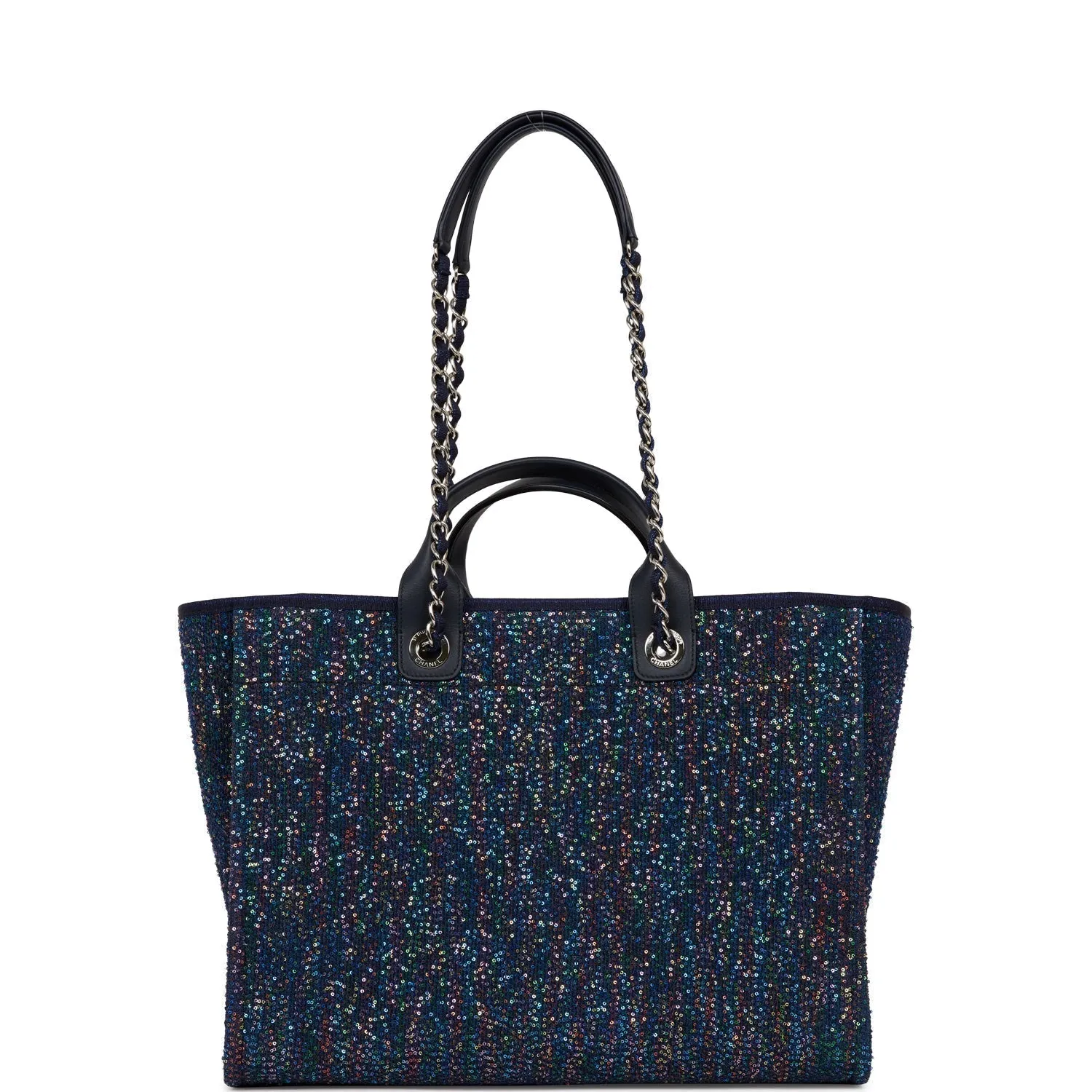 Chanel Large Deauville Shopping Bag Blue Sequin Boucle Silver Hardware