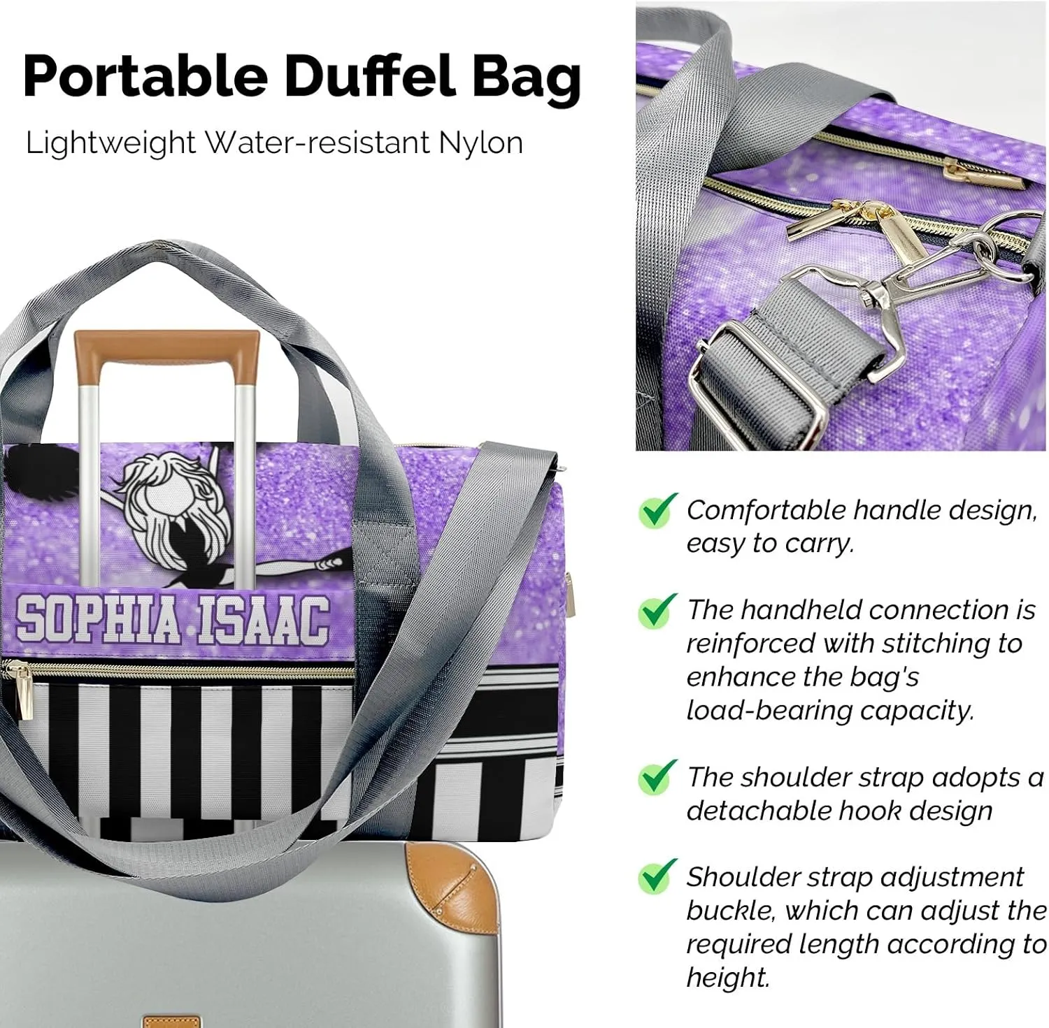 Cheerleader Girl Glitter Purple Personalized Sports Duffel Bags Customized Multi-Function Travel Bag Gym Bag Dance Ballet Overnight Weekend Duffel Bag