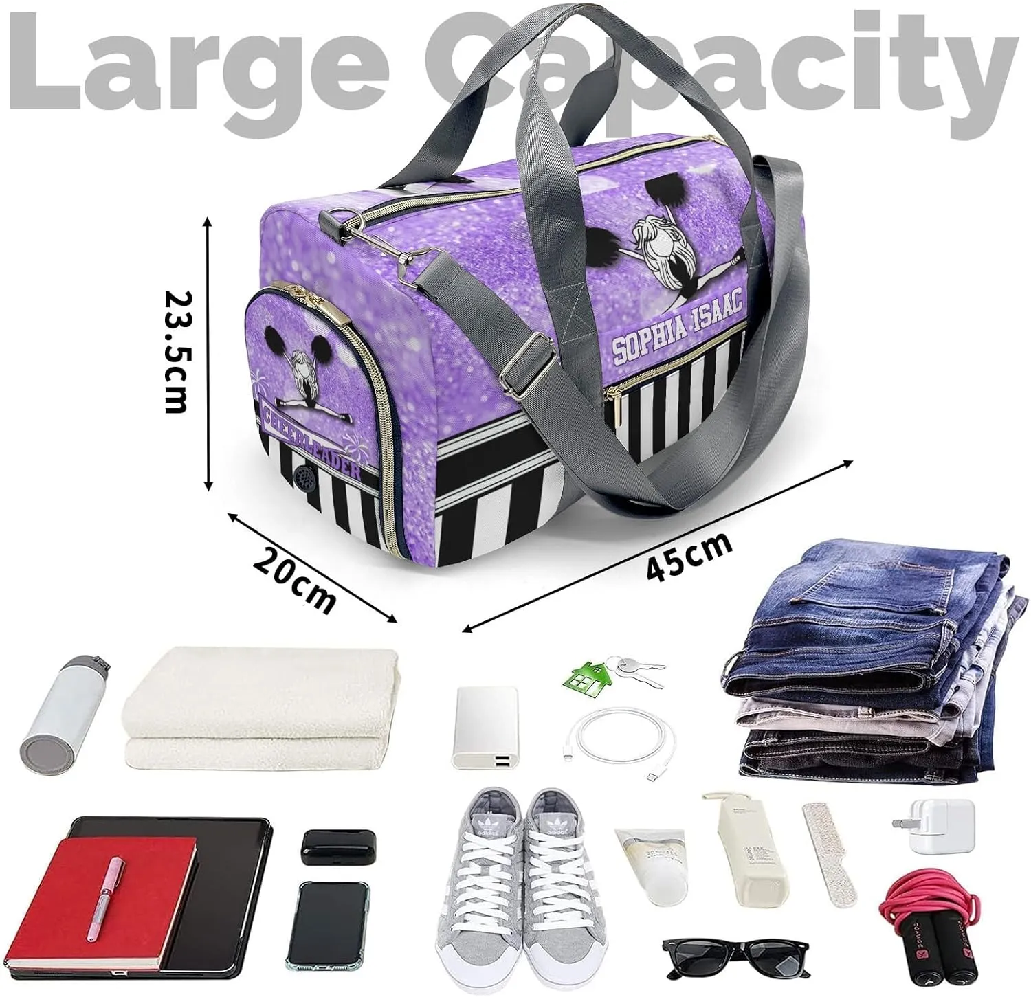Cheerleader Girl Glitter Purple Personalized Sports Duffel Bags Customized Multi-Function Travel Bag Gym Bag Dance Ballet Overnight Weekend Duffel Bag