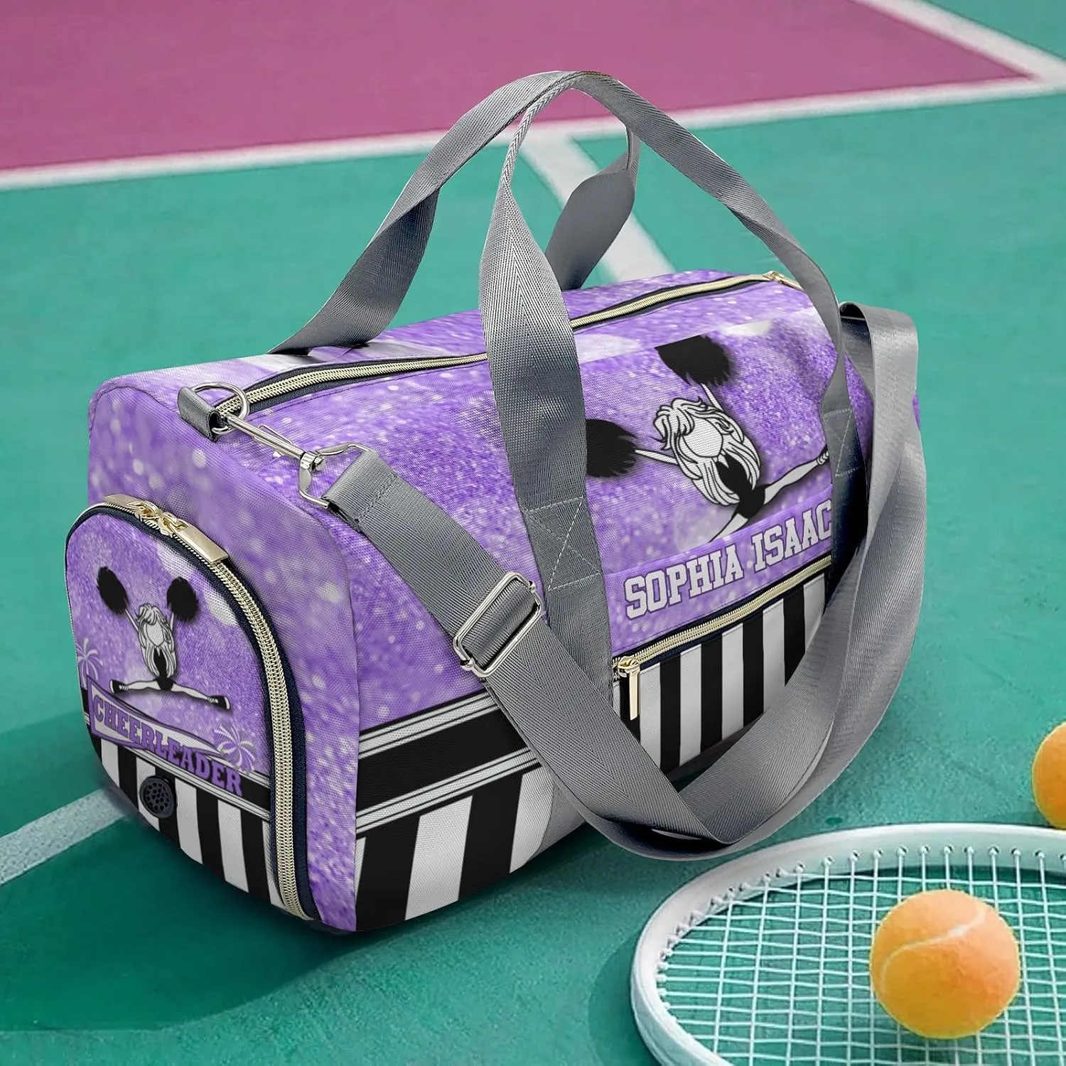 Cheerleader Girl Glitter Purple Personalized Sports Duffel Bags Customized Multi-Function Travel Bag Gym Bag Dance Ballet Overnight Weekend Duffel Bag