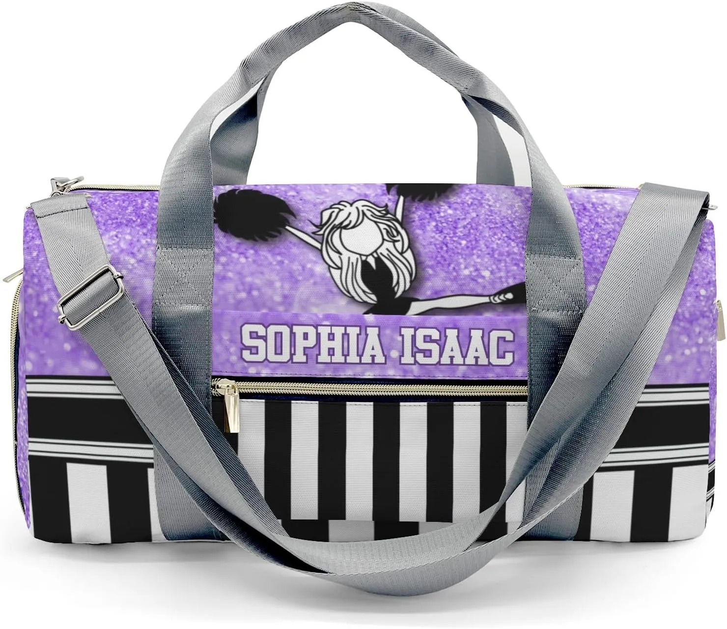 Cheerleader Girl Glitter Purple Personalized Sports Duffel Bags Customized Multi-Function Travel Bag Gym Bag Dance Ballet Overnight Weekend Duffel Bag