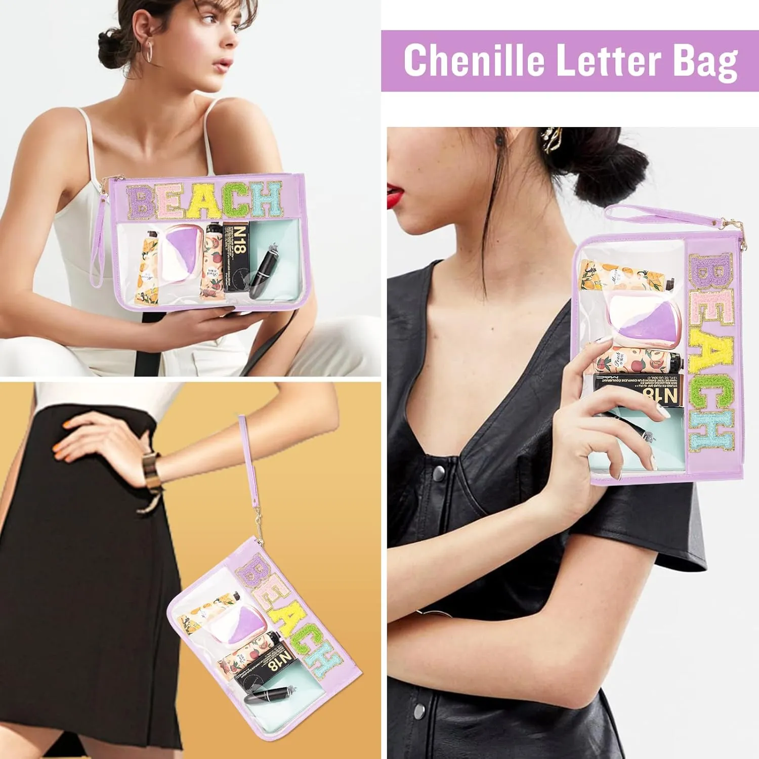 Chenille Letter Clear Bag Beach Purse with Wristlet, Monogram PVC & PU Clear Zipper Pouch, Waterproof Portable Glitter Snacks Makeup Beach Pouch Toiletry Bag for Women Girls (BEACH-Purple)