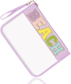 Chenille Letter Clear Bag Beach Purse with Wristlet, Monogram PVC & PU Clear Zipper Pouch, Waterproof Portable Glitter Snacks Makeup Beach Pouch Toiletry Bag for Women Girls (BEACH-Purple)