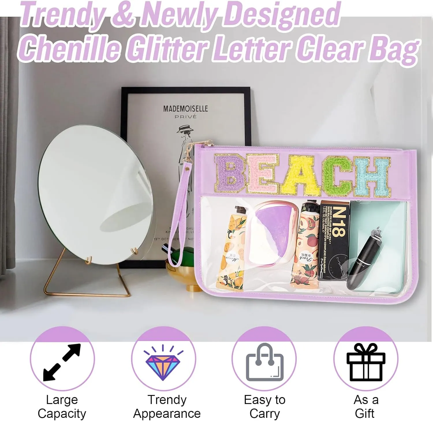 Chenille Letter Clear Bag Beach Purse with Wristlet, Monogram PVC & PU Clear Zipper Pouch, Waterproof Portable Glitter Snacks Makeup Beach Pouch Toiletry Bag for Women Girls (BEACH-Purple)