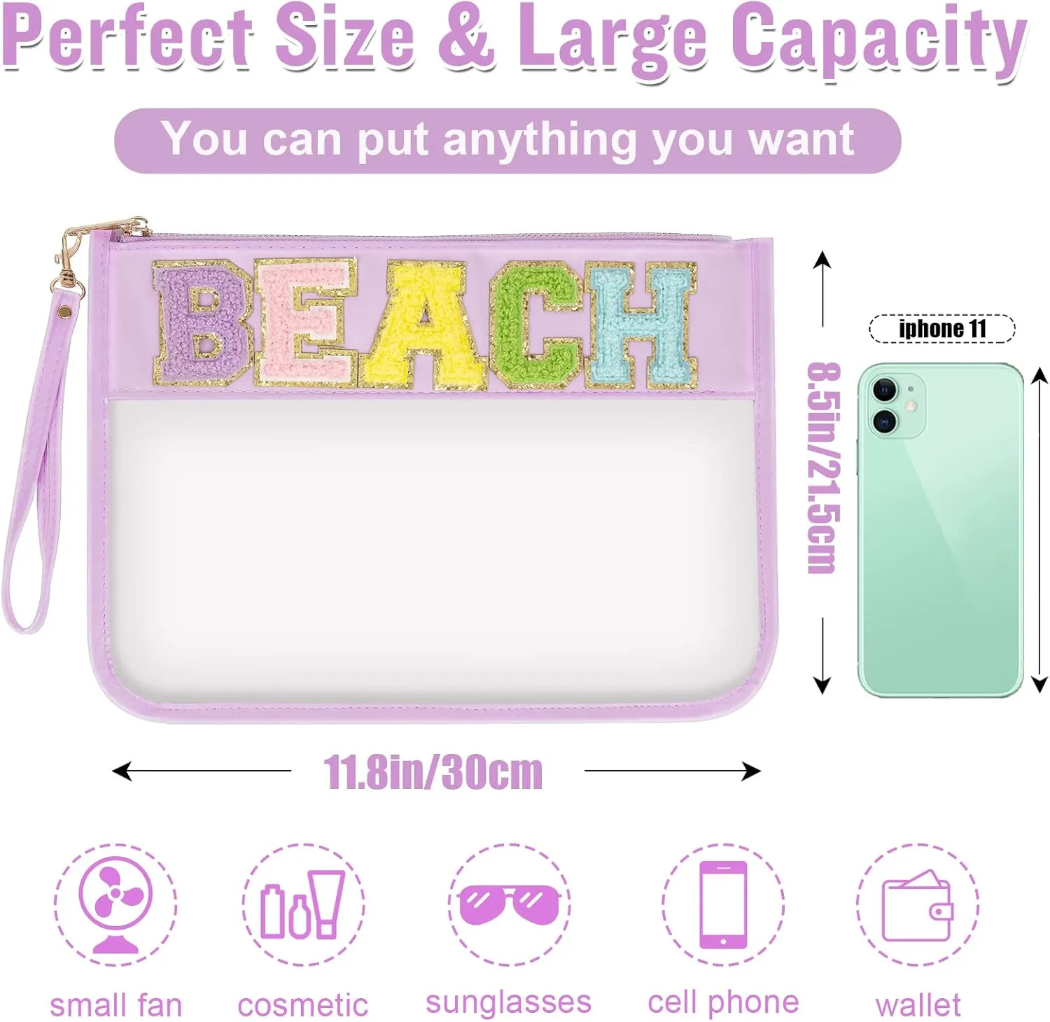 Chenille Letter Clear Bag Beach Purse with Wristlet, Monogram PVC & PU Clear Zipper Pouch, Waterproof Portable Glitter Snacks Makeup Beach Pouch Toiletry Bag for Women Girls (BEACH-Purple)