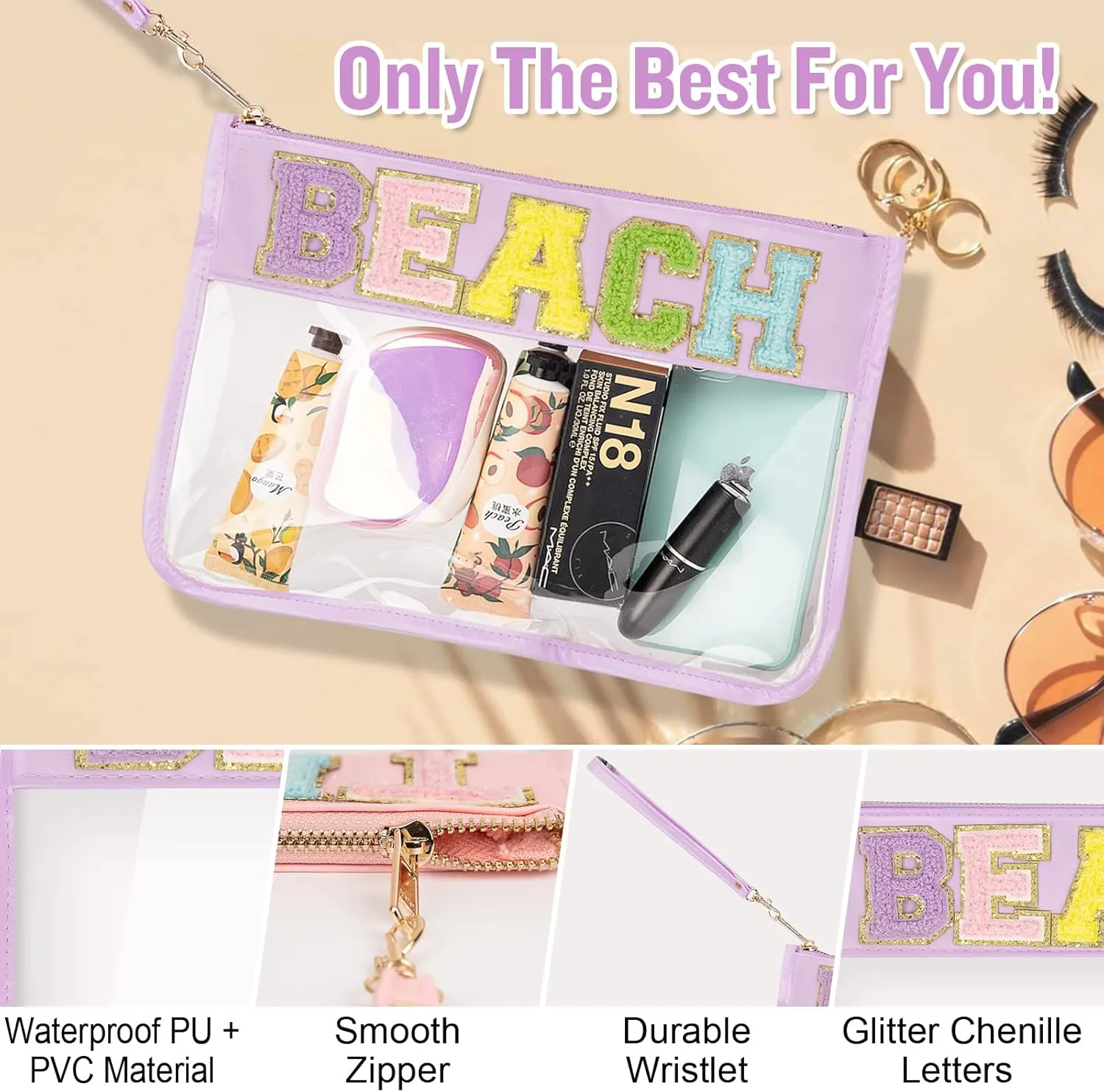 Chenille Letter Clear Bag Beach Purse with Wristlet, Monogram PVC & PU Clear Zipper Pouch, Waterproof Portable Glitter Snacks Makeup Beach Pouch Toiletry Bag for Women Girls (BEACH-Purple)