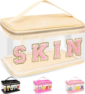 Chenille Letter Clear Makeup Bags Skin Pouch, Preppy Patch Makeup Bag Zipper with Handle, Transparent PVC & Nylon Waterproof Glitter Cosmetic Handbag Travel Toiletry Storage for Women Girl(SKIN-Beige)