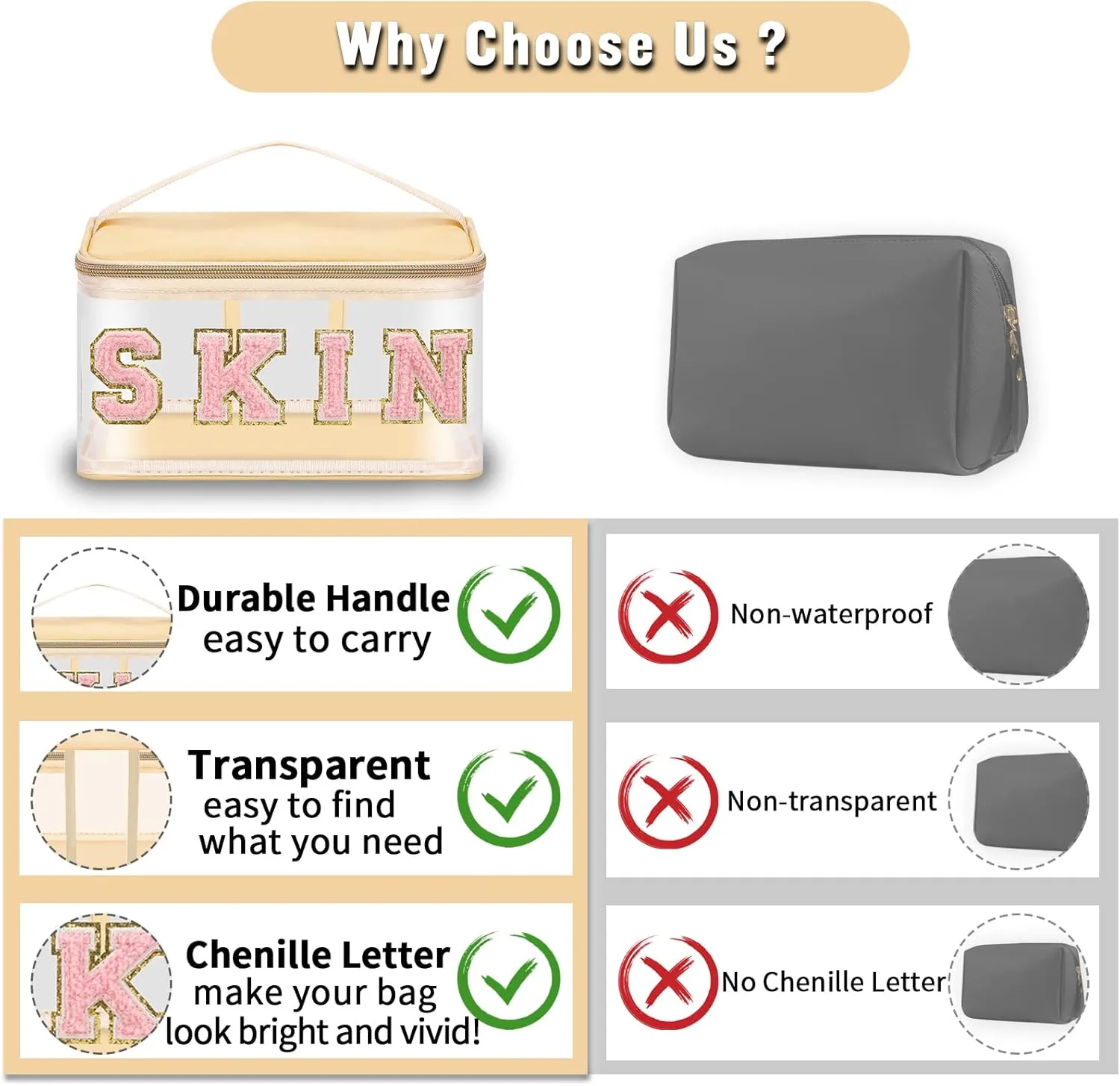 Chenille Letter Clear Makeup Bags Skin Pouch, Preppy Patch Makeup Bag Zipper with Handle, Transparent PVC & Nylon Waterproof Glitter Cosmetic Handbag Travel Toiletry Storage for Women Girl(SKIN-Beige)