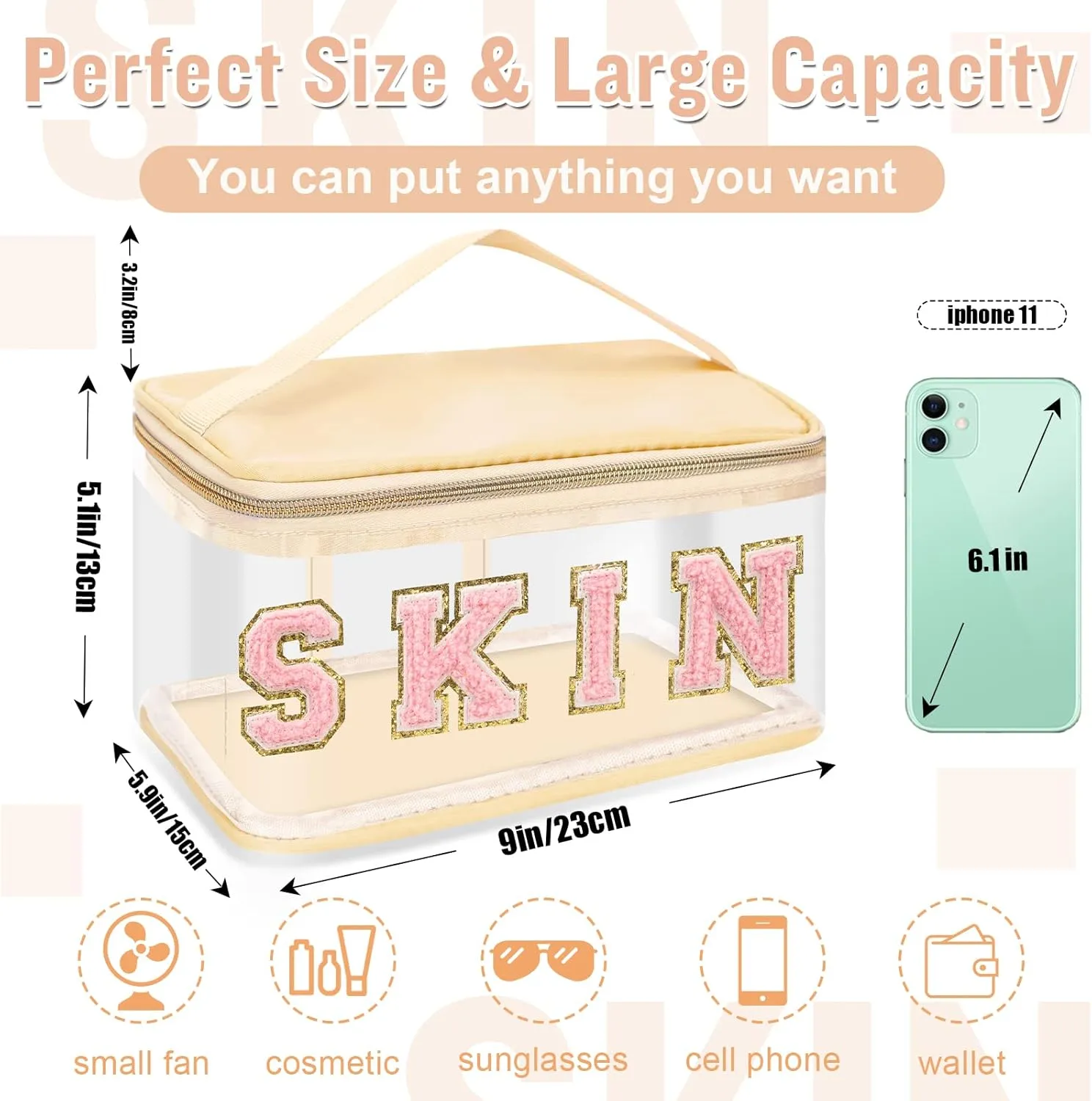 Chenille Letter Clear Makeup Bags Skin Pouch, Preppy Patch Makeup Bag Zipper with Handle, Transparent PVC & Nylon Waterproof Glitter Cosmetic Handbag Travel Toiletry Storage for Women Girl(SKIN-Beige)