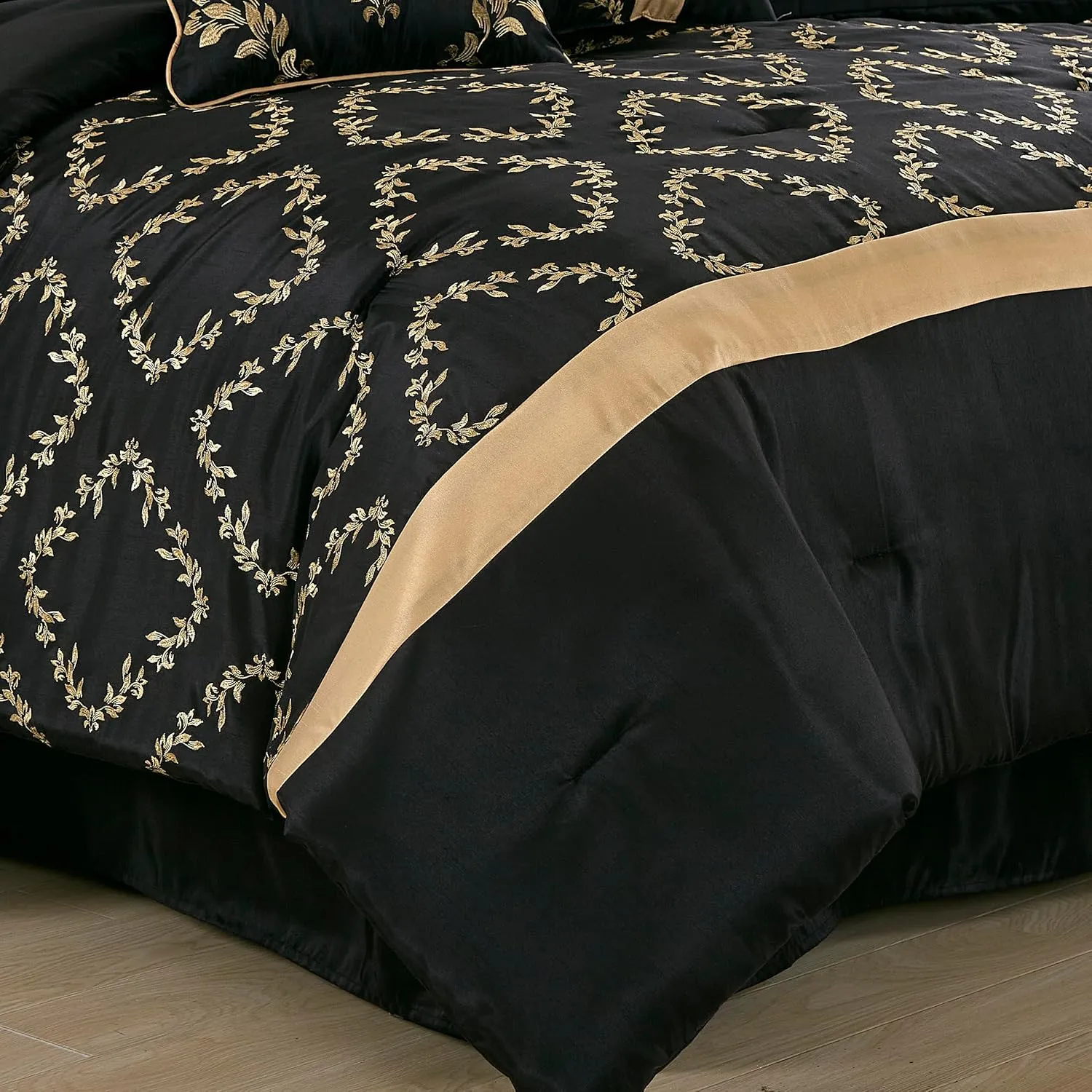 Chezmoi Collection Agnes 7-Piece Floral Vine Embroidered Comforter Set King Size - Black/Gold Faux Silk Comforter Soft Lightweight Breathable Bedding