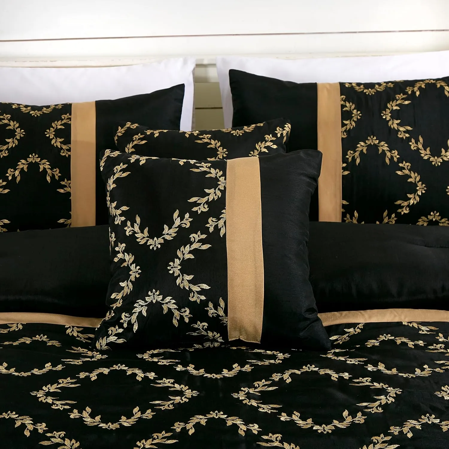 Chezmoi Collection Agnes 7-Piece Floral Vine Embroidered Comforter Set King Size - Black/Gold Faux Silk Comforter Soft Lightweight Breathable Bedding