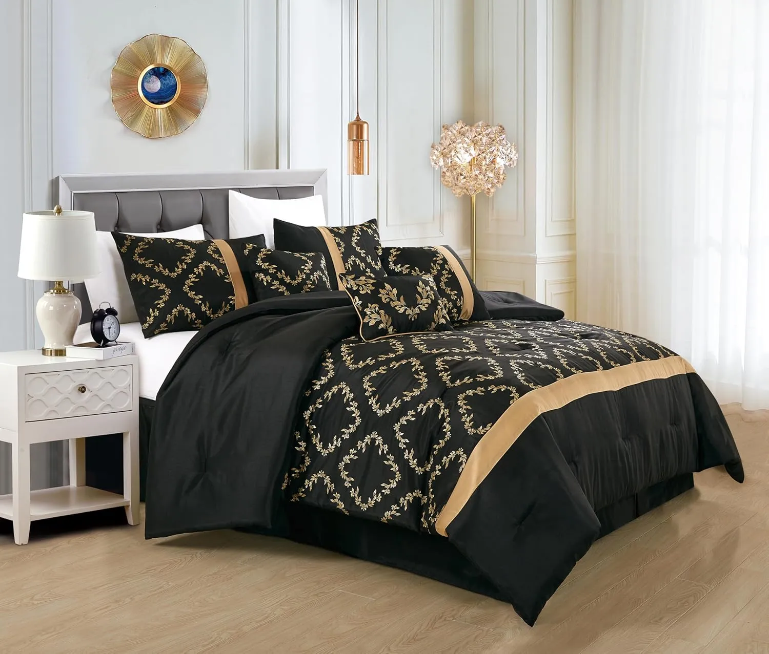 Chezmoi Collection Agnes 7-Piece Floral Vine Embroidered Comforter Set King Size - Black/Gold Faux Silk Comforter Soft Lightweight Breathable Bedding