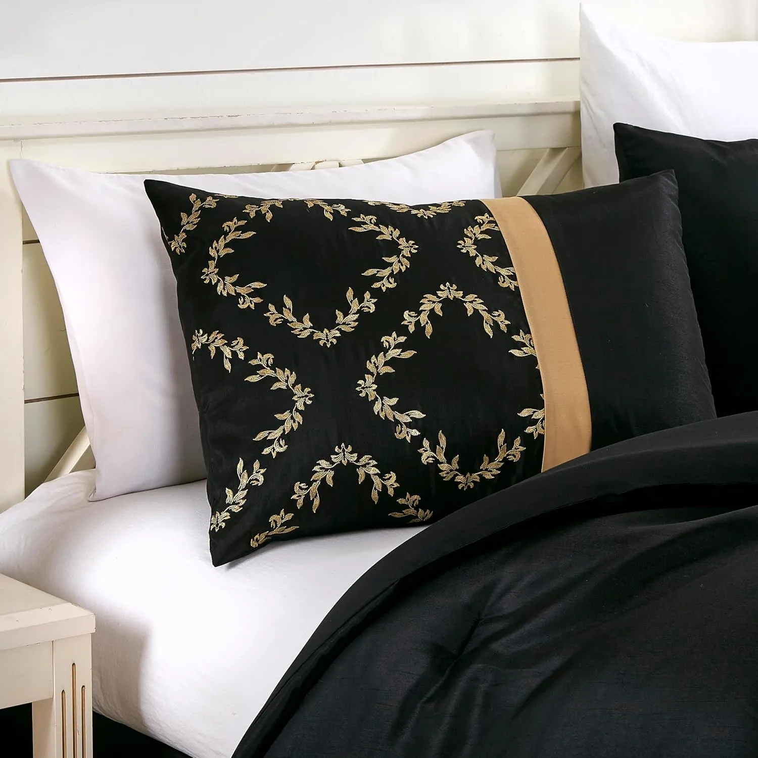 Chezmoi Collection Agnes 7-Piece Floral Vine Embroidered Comforter Set King Size - Black/Gold Faux Silk Comforter Soft Lightweight Breathable Bedding