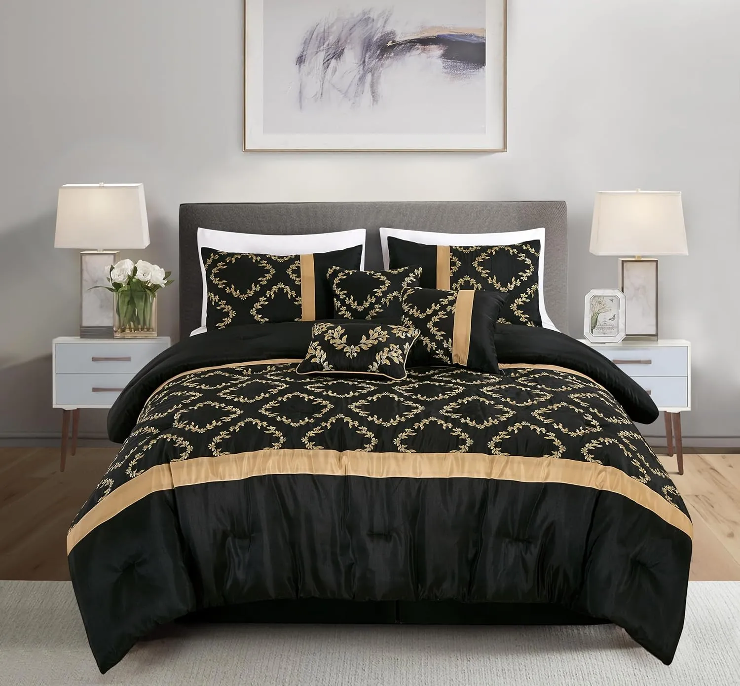Chezmoi Collection Agnes 7-Piece Floral Vine Embroidered Comforter Set King Size - Black/Gold Faux Silk Comforter Soft Lightweight Breathable Bedding