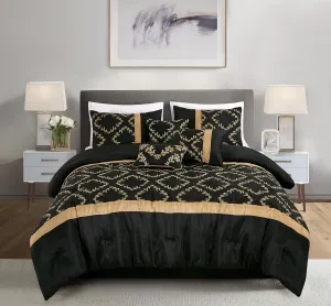 Chezmoi Collection Agnes 7-Piece Floral Vine Embroidered Comforter Set King Size - Black/Gold Faux Silk Comforter Soft Lightweight Breathable Bedding