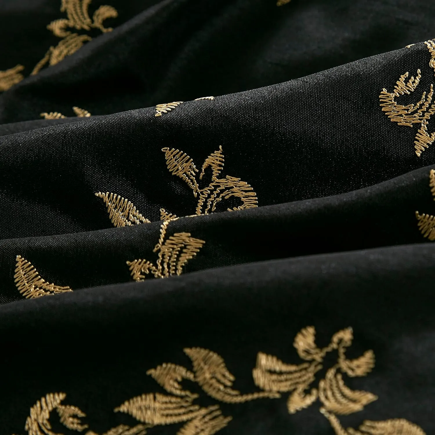 Chezmoi Collection Agnes 7-Piece Floral Vine Embroidered Comforter Set King Size - Black/Gold Faux Silk Comforter Soft Lightweight Breathable Bedding
