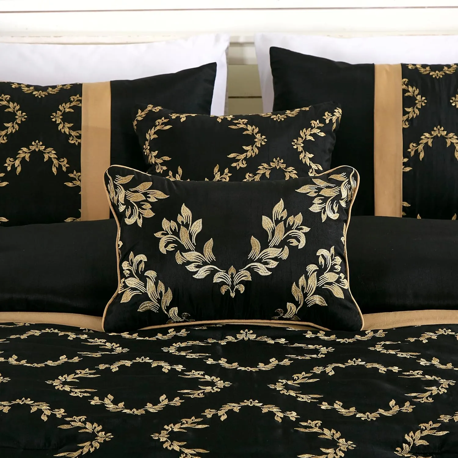 Chezmoi Collection Agnes 7-Piece Floral Vine Embroidered Comforter Set King Size - Black/Gold Faux Silk Comforter Soft Lightweight Breathable Bedding