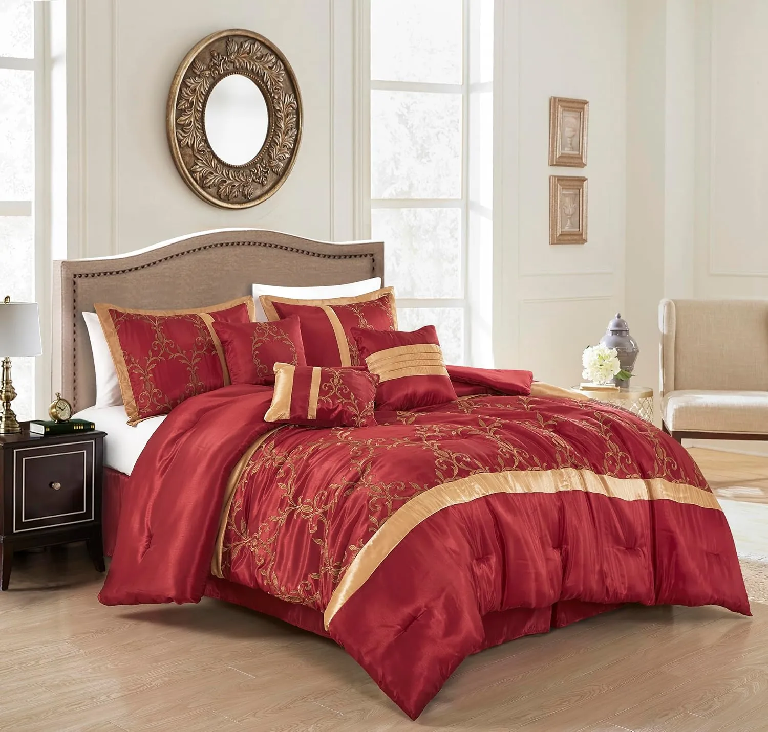 Chezmoi Collection Martha 7-Piece Floral Vine Embroidered Comforter Set King Size - Burgundy/Gold Faux Silk Comforter Soft Lightweight Breathable Bedding