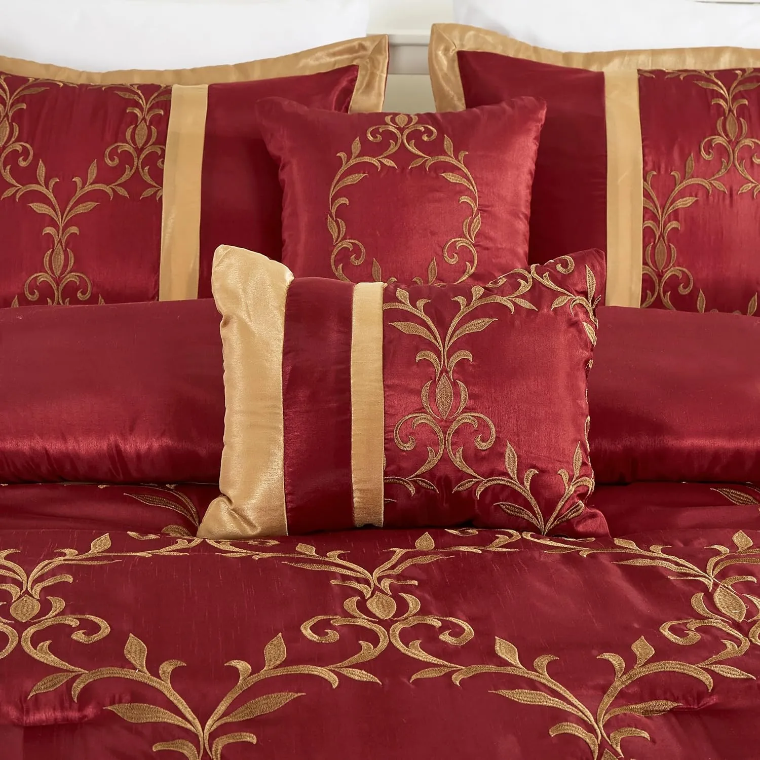 Chezmoi Collection Martha 7-Piece Floral Vine Embroidered Comforter Set King Size - Burgundy/Gold Faux Silk Comforter Soft Lightweight Breathable Bedding