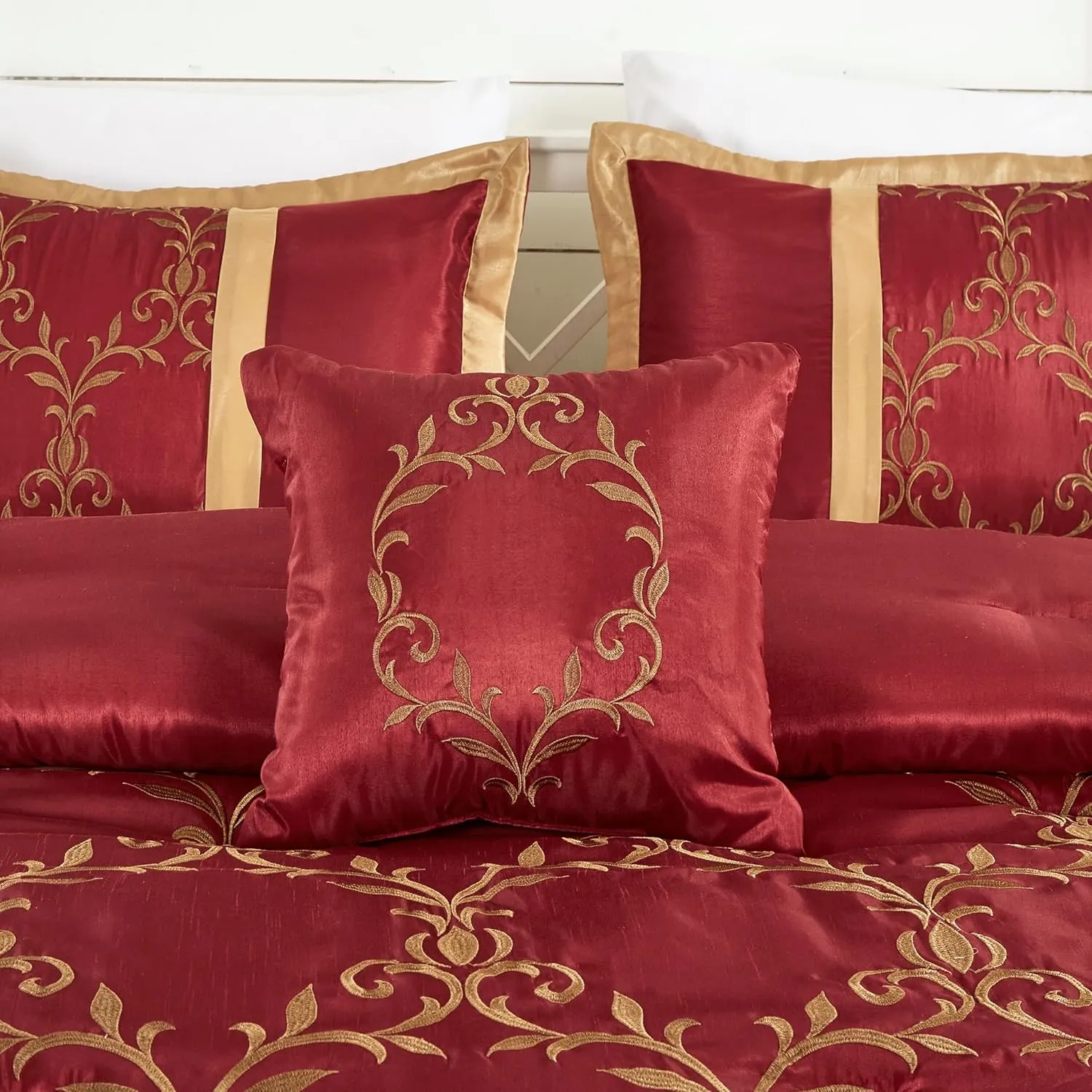Chezmoi Collection Martha 7-Piece Floral Vine Embroidered Comforter Set King Size - Burgundy/Gold Faux Silk Comforter Soft Lightweight Breathable Bedding