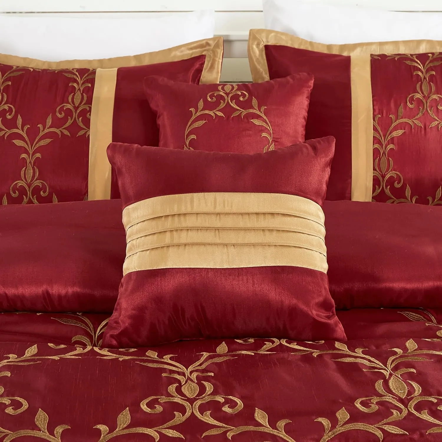 Chezmoi Collection Martha 7-Piece Floral Vine Embroidered Comforter Set King Size - Burgundy/Gold Faux Silk Comforter Soft Lightweight Breathable Bedding