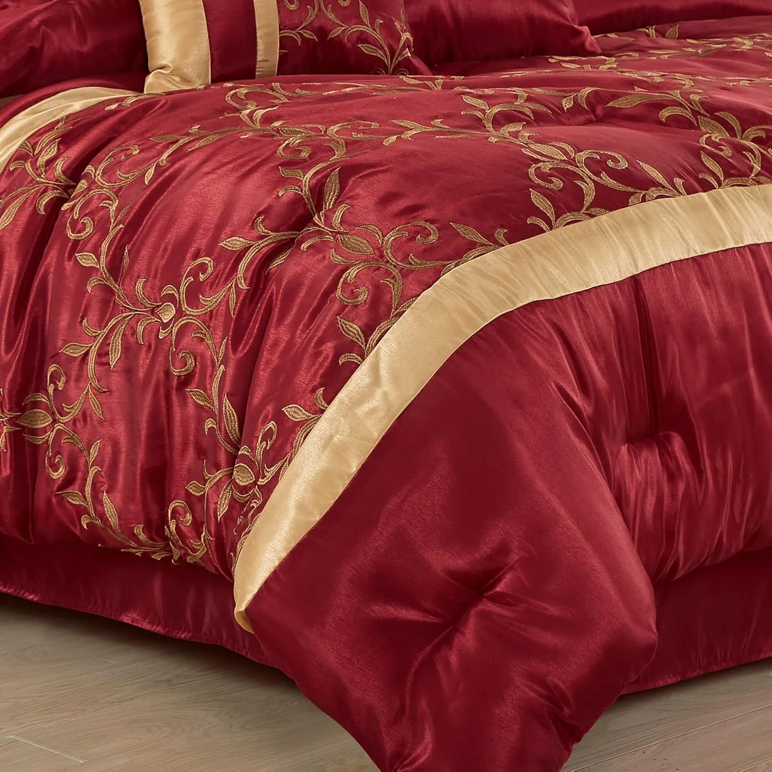 Chezmoi Collection Martha 7-Piece Floral Vine Embroidered Comforter Set King Size - Burgundy/Gold Faux Silk Comforter Soft Lightweight Breathable Bedding