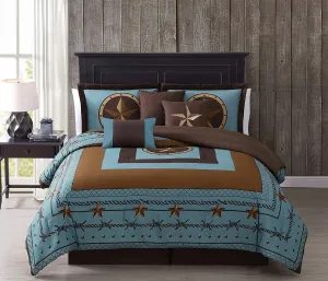 Chezmoi Collection Tulsa California King Bedding Set, 7-Piece Turquoise Brown Western Cowboy Oversized Comforter Set, Printed Texas Star Barbed Wire