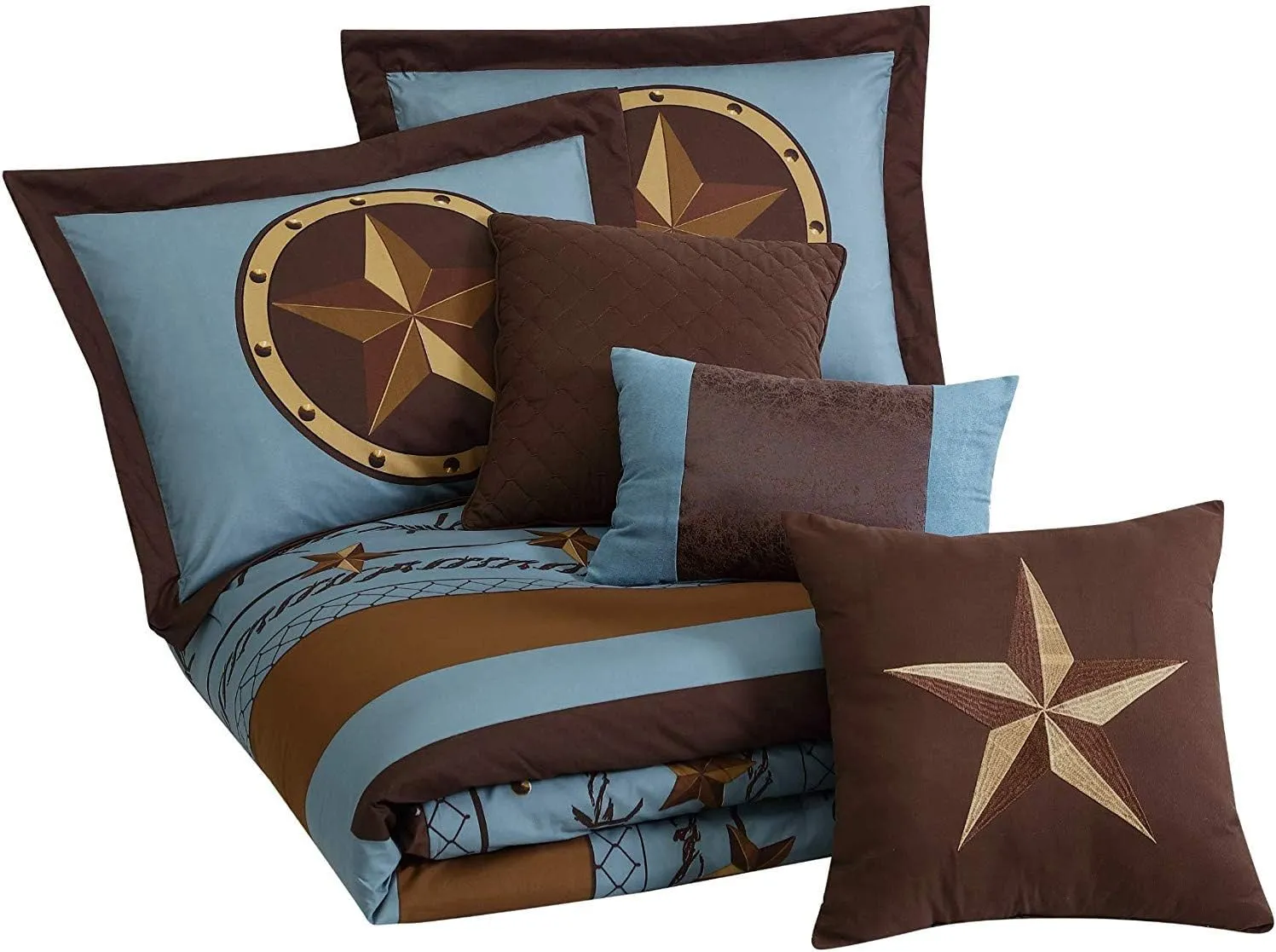 Chezmoi Collection Tulsa California King Bedding Set, 7-Piece Turquoise Brown Western Cowboy Oversized Comforter Set, Printed Texas Star Barbed Wire