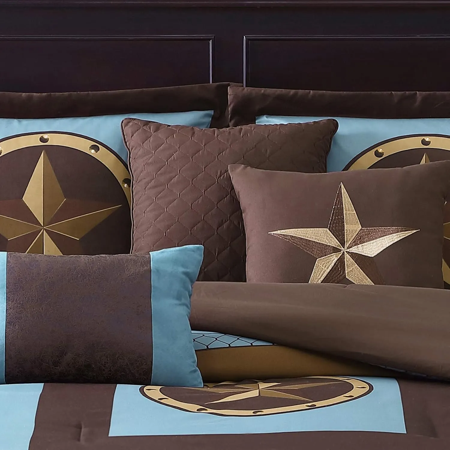 Chezmoi Collection Tulsa California King Bedding Set, 7-Piece Turquoise Brown Western Cowboy Oversized Comforter Set, Printed Texas Star Barbed Wire