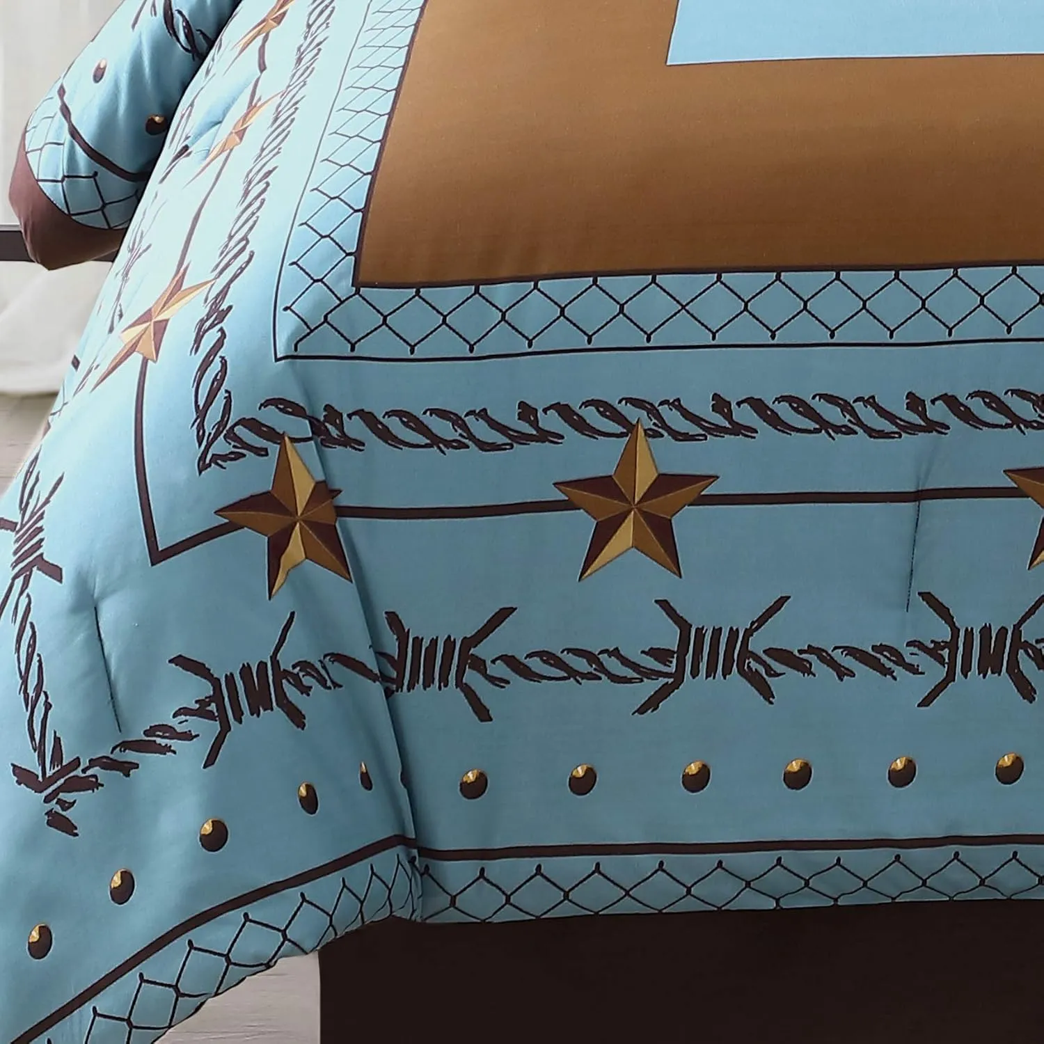 Chezmoi Collection Tulsa California King Bedding Set, 7-Piece Turquoise Brown Western Cowboy Oversized Comforter Set, Printed Texas Star Barbed Wire