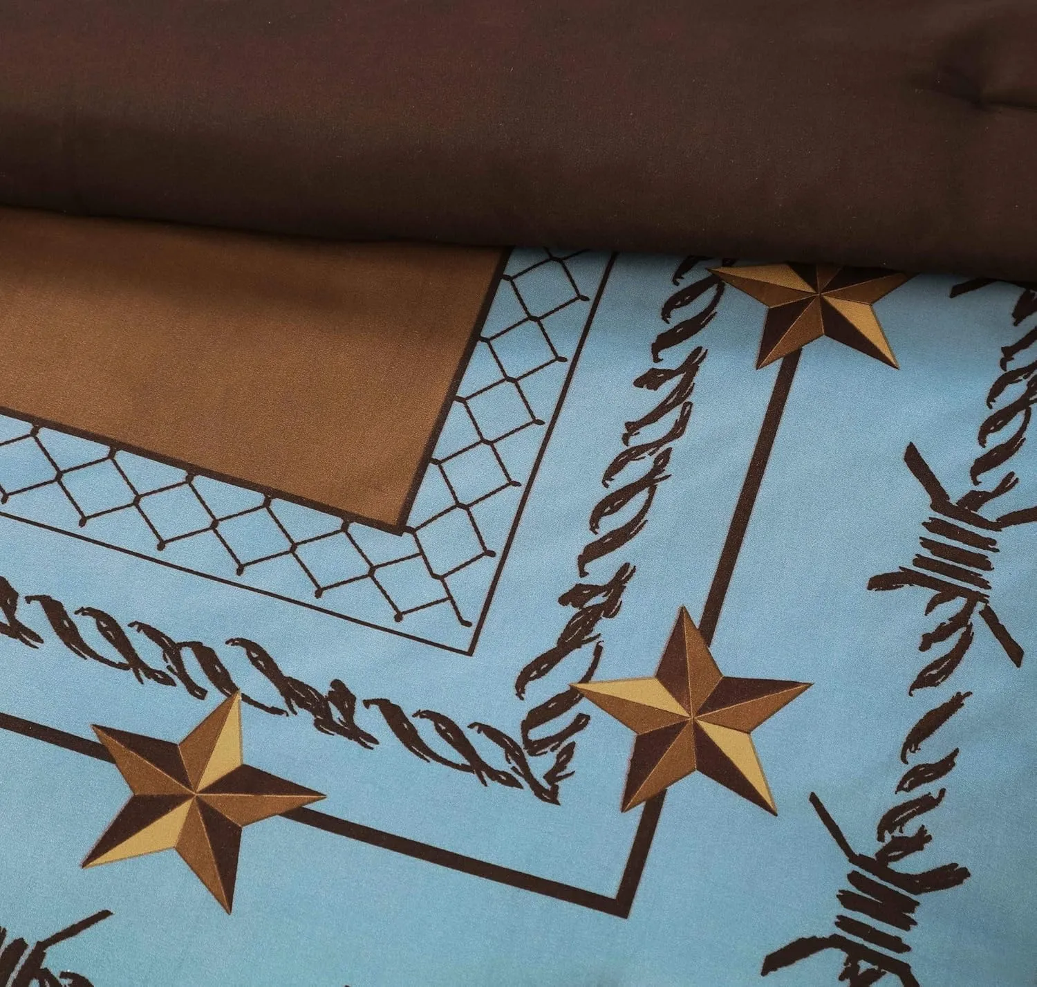 Chezmoi Collection Tulsa California King Bedding Set, 7-Piece Turquoise Brown Western Cowboy Oversized Comforter Set, Printed Texas Star Barbed Wire